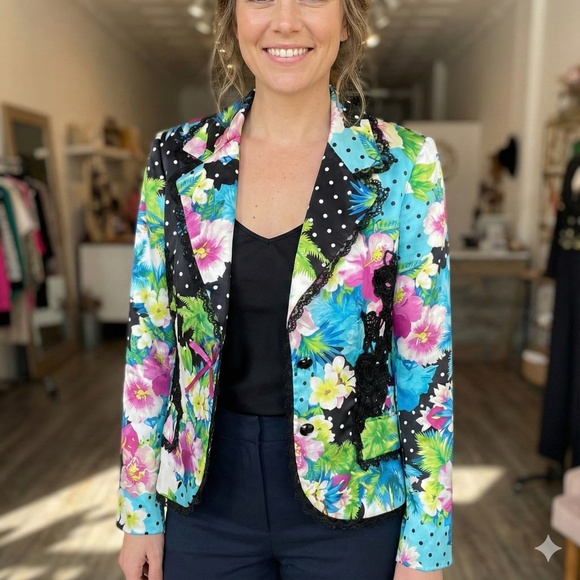 ALBERTO MAKALI 100% Silk Fully Lined Blazer Lace Trim Crochet Appliqué Sz 4 - Picture 1 of 13